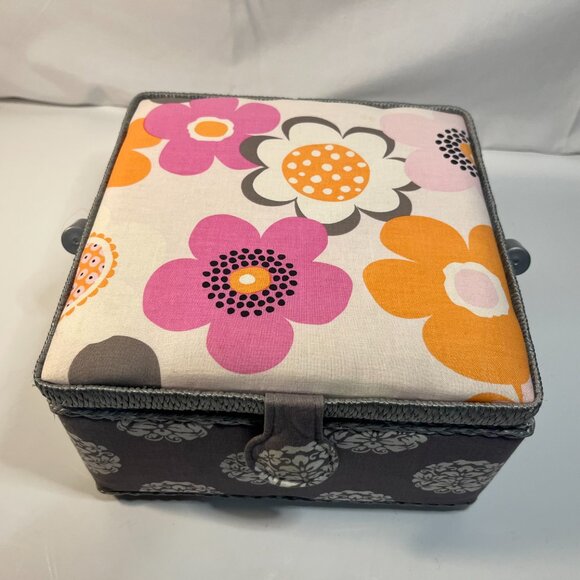 Sewing Box Basket Square Gray Pink Floral Padded Snap Closure Plastic Insert - Picture 10 of 10